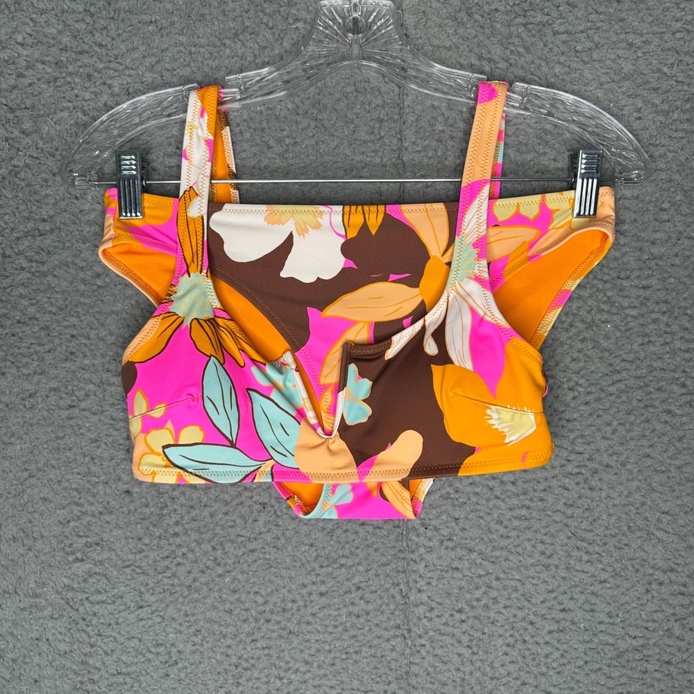 Aerie Real Good Floral Bikini Set Pink Orange Scoop Notch Top S Bottom M UPF 50